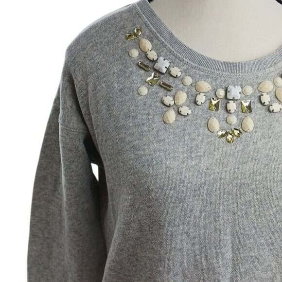 Ann Taylor Sweater Gray Crew Neck Embellished Neckline Fleece Womens Size S - Picture 3 of 9